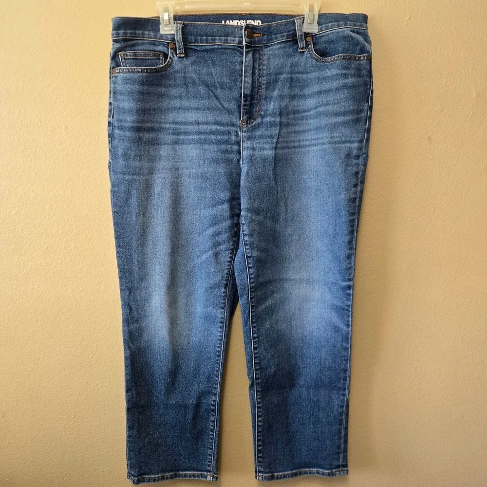 Lands End Womens 18 Petite Straight Leg Jeans Medium Wash Stretch Denim Blue